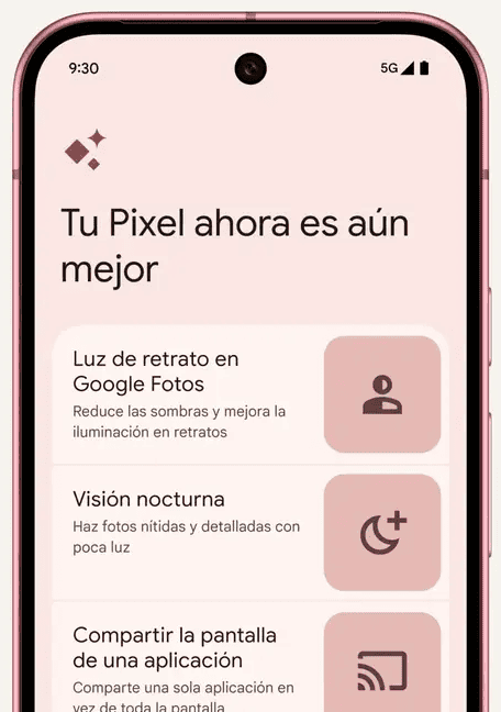 Pixel 9 Pro con menu de funcionalidades en la pantalla